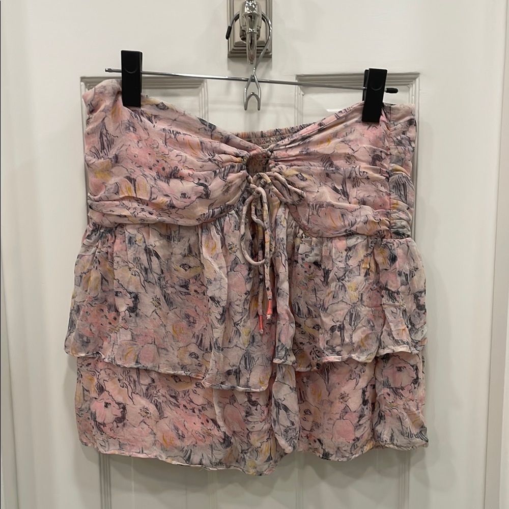 Anthropologie Ruffled Pink Tie Front Floral Strapless Blouse Size M